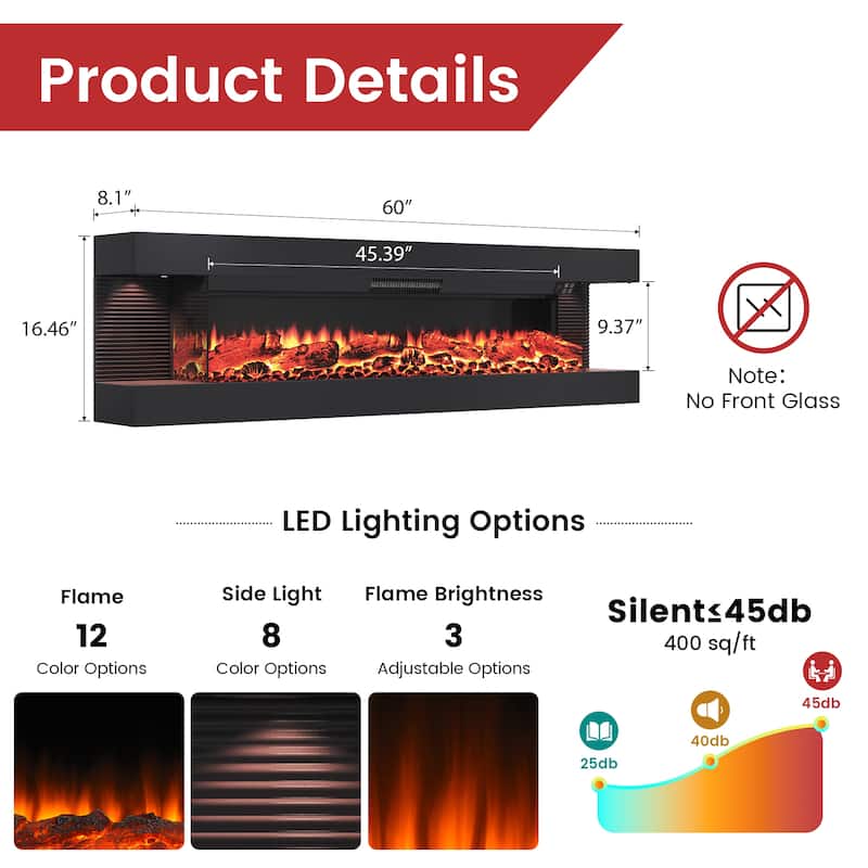 3-Sided Electric Fireplace, Wall Mounted LED Electric Fireplace
