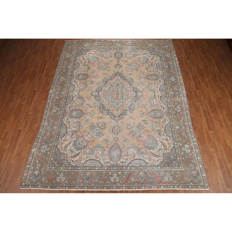 Hand Knotted Oriental 100% Wool Carpet Traditional Medallion Peach Tabriz Area Rug - 12' 8'' X 9' 8''