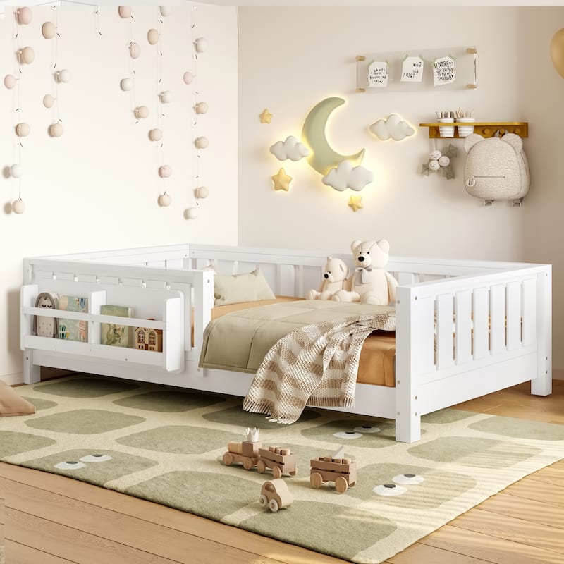 Low Profile Montessori Bed Floor Platform Bed with Fence and Bookshelf