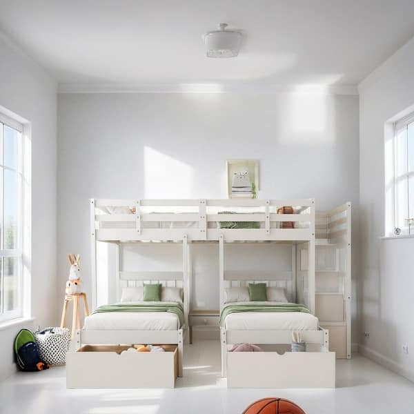 slide 2 of 9, Full Over Twin & Twin Bunk Bed Kids Bed Wood Triple Bunk Bed with Drawers and Guardrails, White
