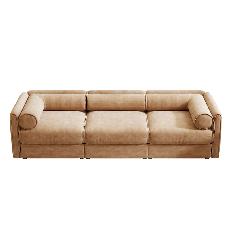 Chenille 3-Seater Sofa with Hidden Storage, Cylindrical Backrests & Armrests, Modern Modular Fabric Upholstered Couch