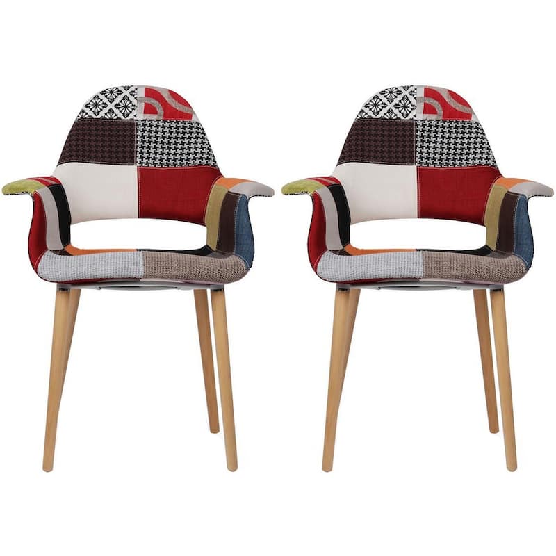 Set of 2 Fabric Patchwork Patterned High Back With Arms Accent Chairs Natural Leg Wood Dining Living Desk Designer Task