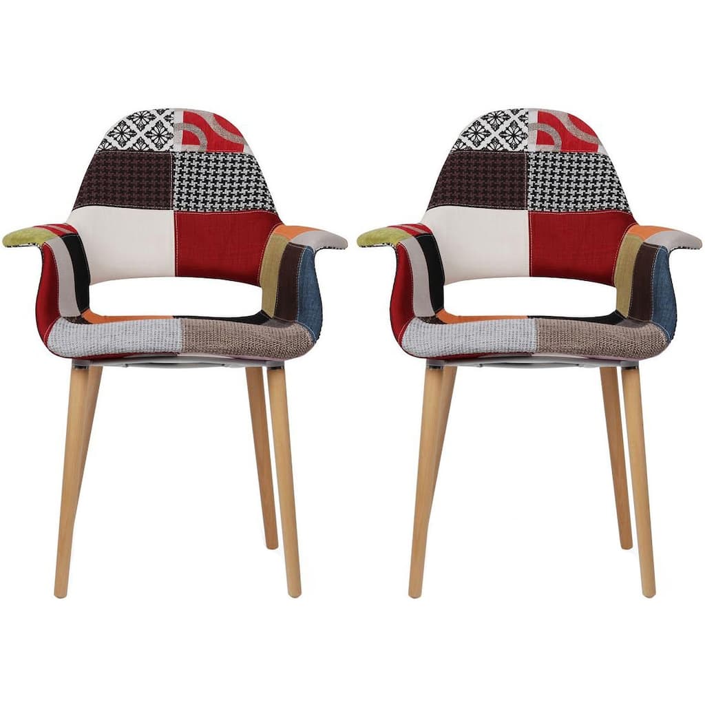 Set of 2 Fabric Patchwork Patterned High Back With Arms Accent Chairs Natural Leg Wood Dining Living Desk Designer Task