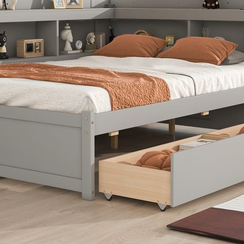 Full Bed with L-shaped Bookcases, Drawers ,Espresso