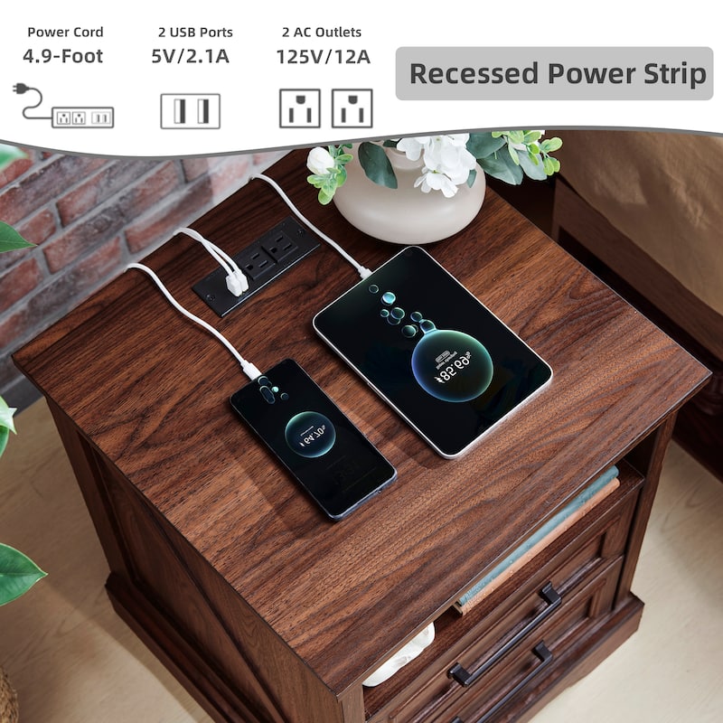 Farmhouse Nightstand Set of 2 with Charging Station, End Table