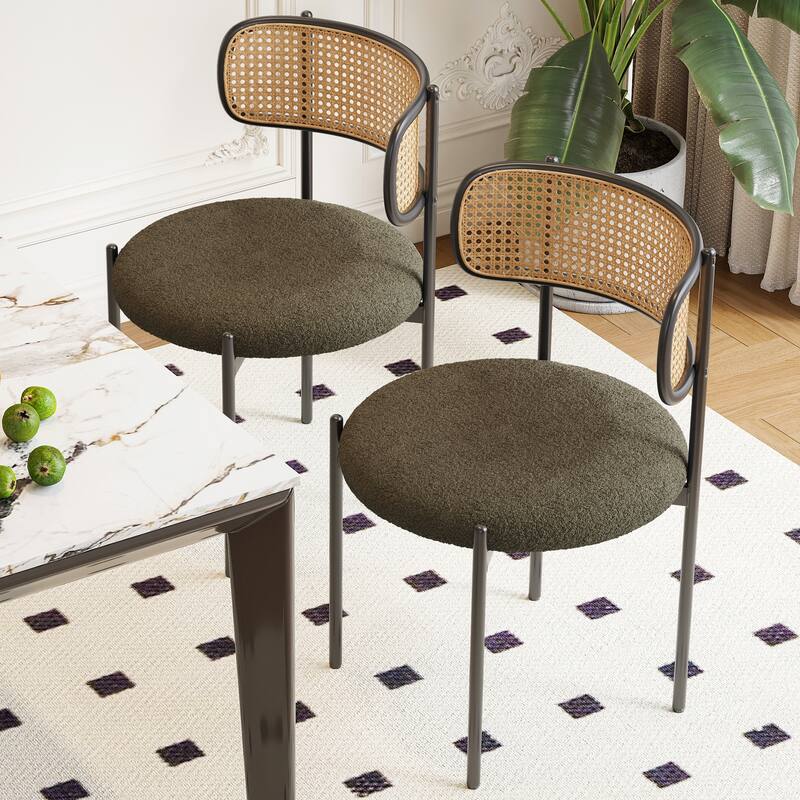 Set of 2 Upholstered Dining Chairs with Rattan Back and Metal Legs