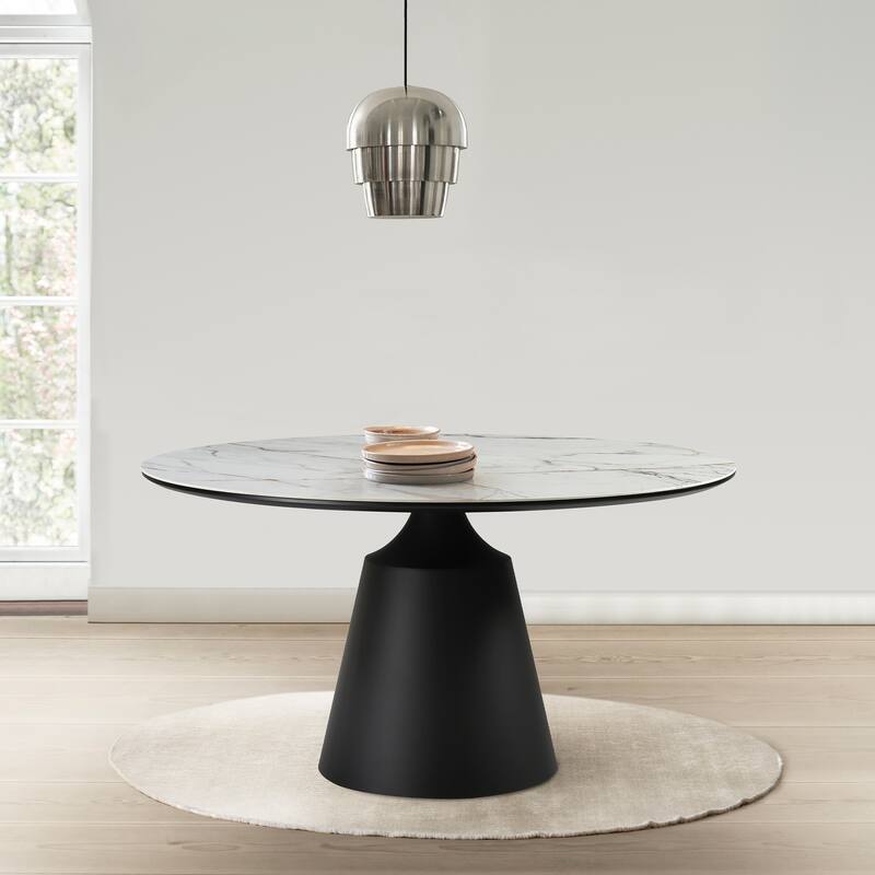 Knox 55" Round Dining Table with Stone Top and Black Metal Base