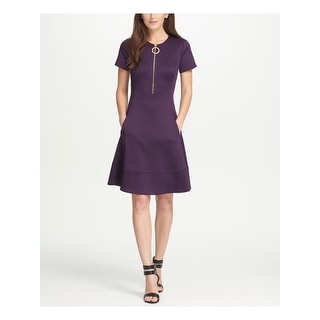 purple fit and flare dress with sleeves