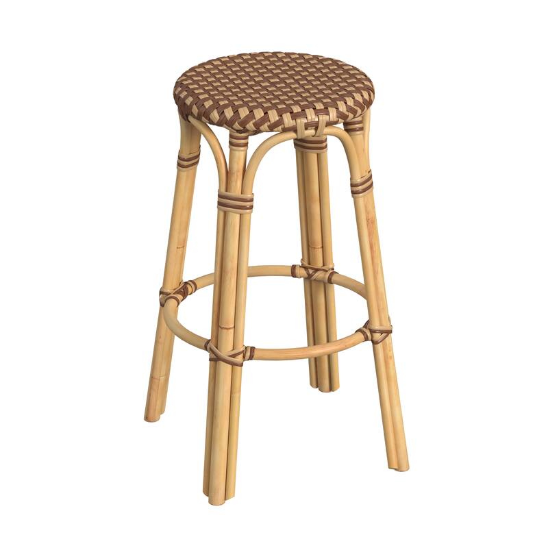Tobias Rattan Round Bar Stool - Brown/Tan Dot / Natural Rattan Frame