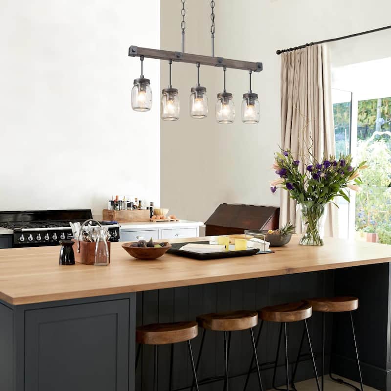 Walton Modern Farmhouse 5-Light Linear Chandelier Mason Jar Glass Kitchen Island Light - L 25.5" x W 3" x H 17"
