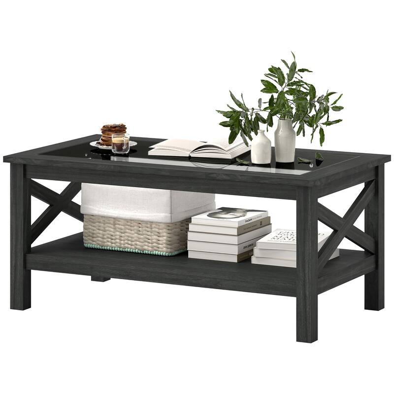 Coffee Table with Tempered Glass Top and Storage Shelf Modern Living Room Furniture - 39.25'' L x 21.75'' W x 17.75'' H - Black