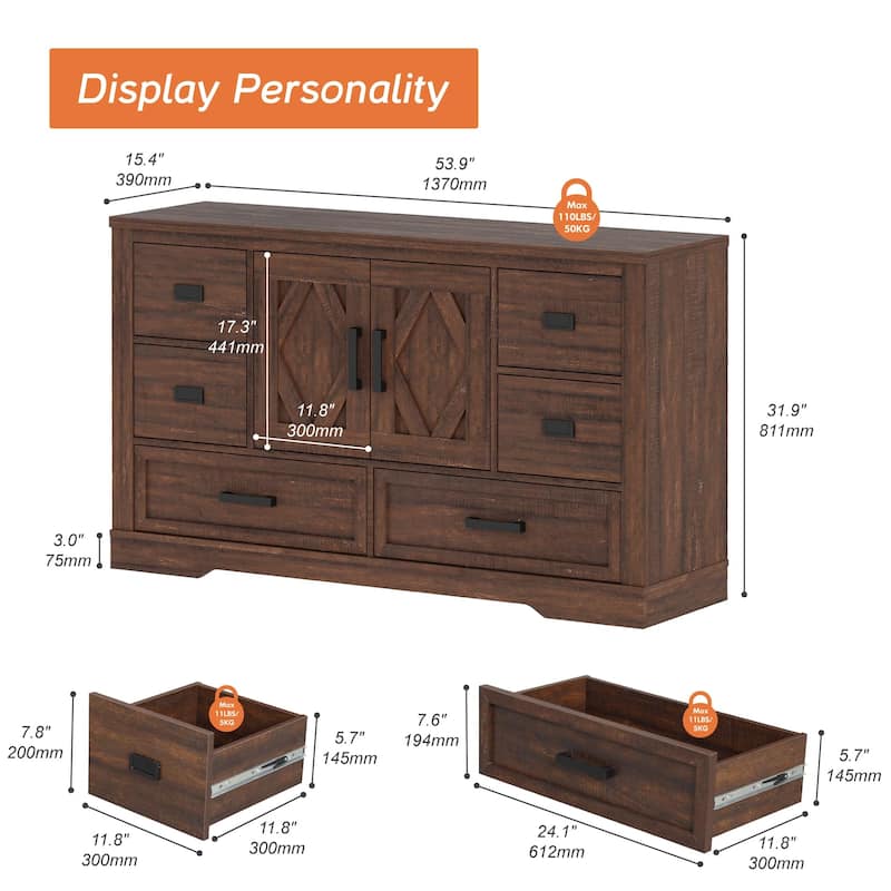 WAMPAT Farmhouse Dresser for Bedroom,60 inch Wood Dresser TV Stand