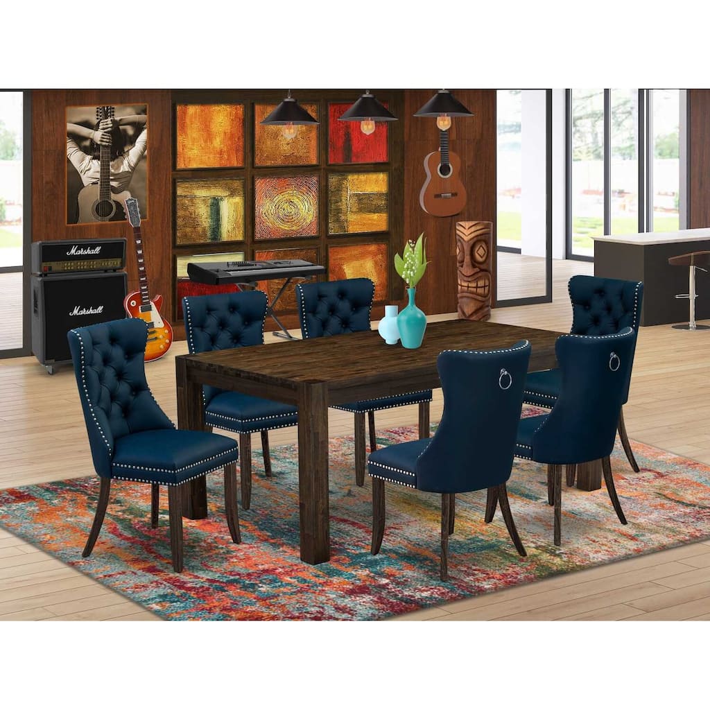 7-Piece Dining Set - Distressed Jacobean Table & Navy Chairs - Mid-Century Modern Design