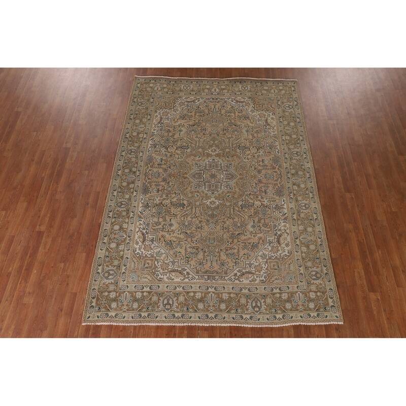 Geometric Tabriz Persian Vintage Rug Hand-Knotted Wool Carpet - 6'9"x 9'8"