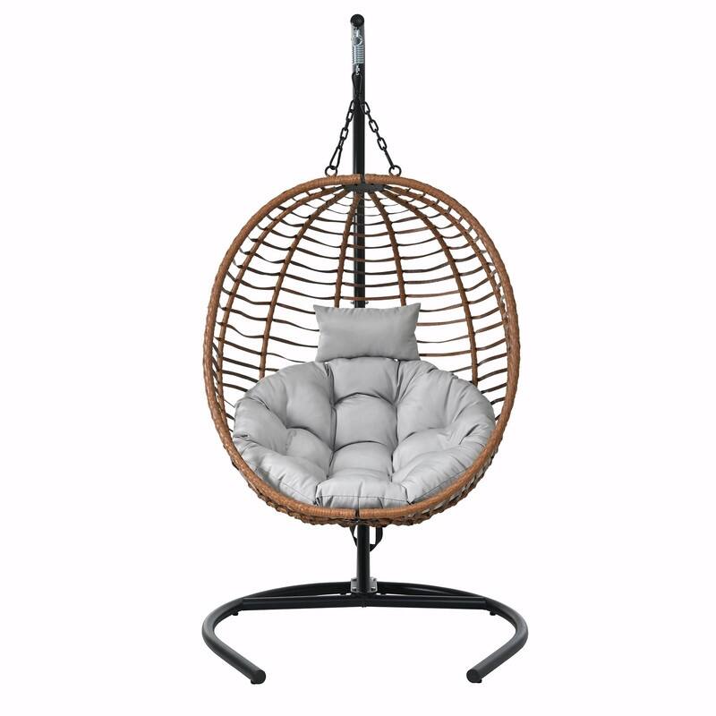Single Person Folding Egg Chair with Stand, Indoor Outdoor Hanging Wicker Swing Chair with Adjustable Feet