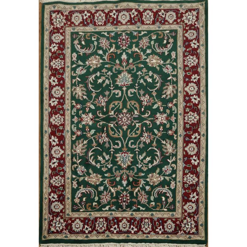 Hand Knotted Oriental 100% Wool Carpet Traditional All-Over Green Agra Area Rug - 5' 10'' X 4' 0''