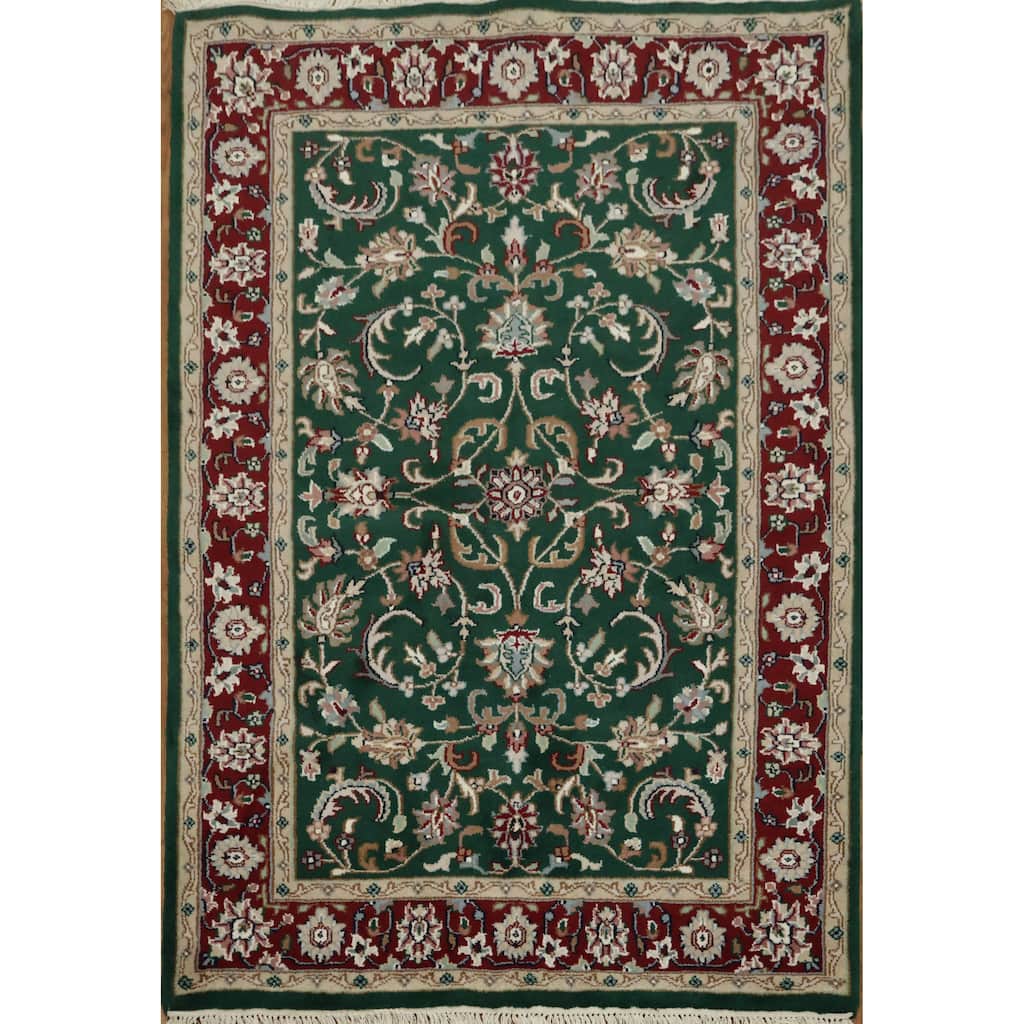 Hand Knotted Oriental 100% Wool Carpet Traditional All-Over Green Agra Area Rug - 5' 10'' X 4' 0''