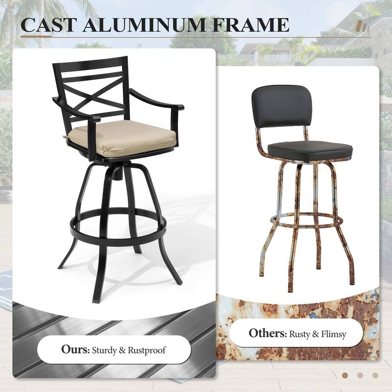 3/5-Piece Outdoor Swivel Aluminum Bar Stools with Sunbrella Cushion and Table Set