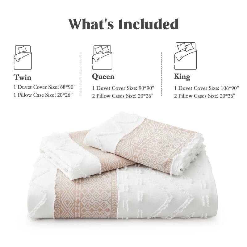 3-Piece Boho Textured Duvet Cover Set, Lightweight Geometric Stripe Bedding Set with Zipper Closure & Corner Ties