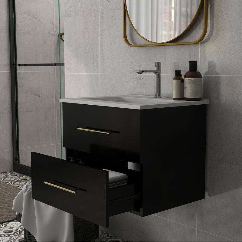 24-Inch Wall-Mounted Bathroom Vanity with Sink Combo,Double Drawers, Ceramic Basin, Easy Assemble,2 Storage Drawers