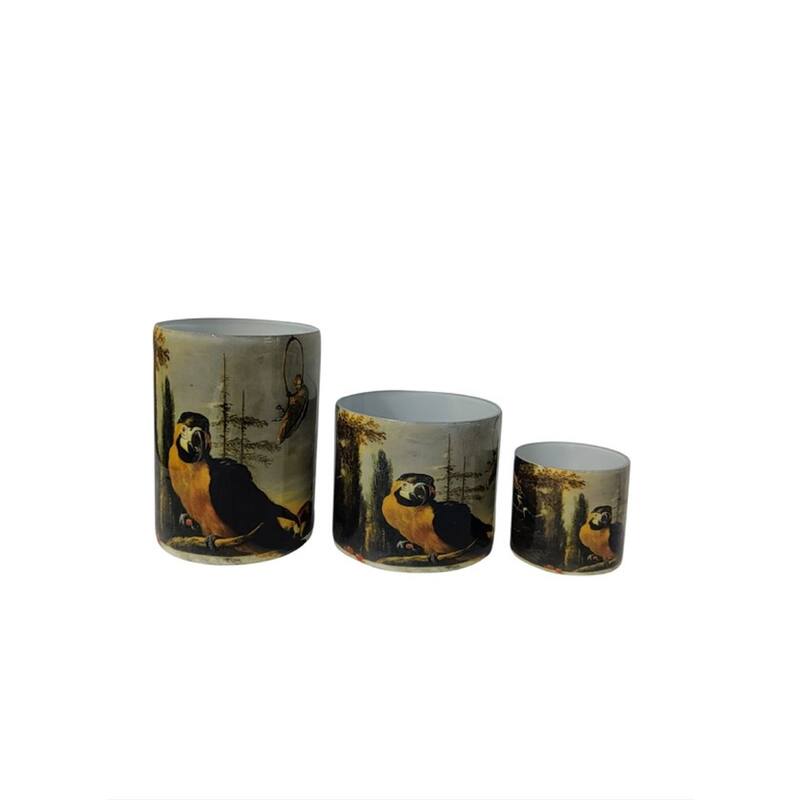 Lg Glass Parrot Print Votive Holder H 6" & Dia 4.3"