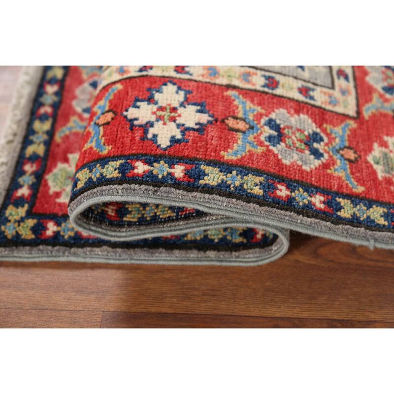 Geometric Kazak Oriental Accent Rug Handmade Grey Wool Carpet - 2'0"x 2'11"