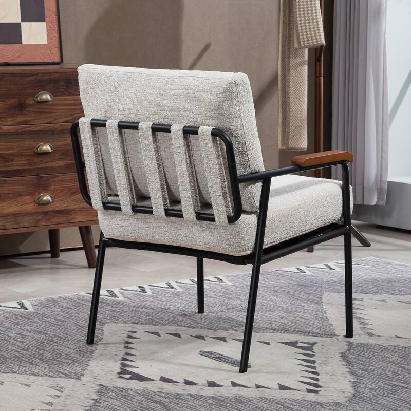 Modern Accent Chair with Natural Wood Armrests and Metal Frame, Upholstered Seat and Backrest, Comfortable Lounge Chair