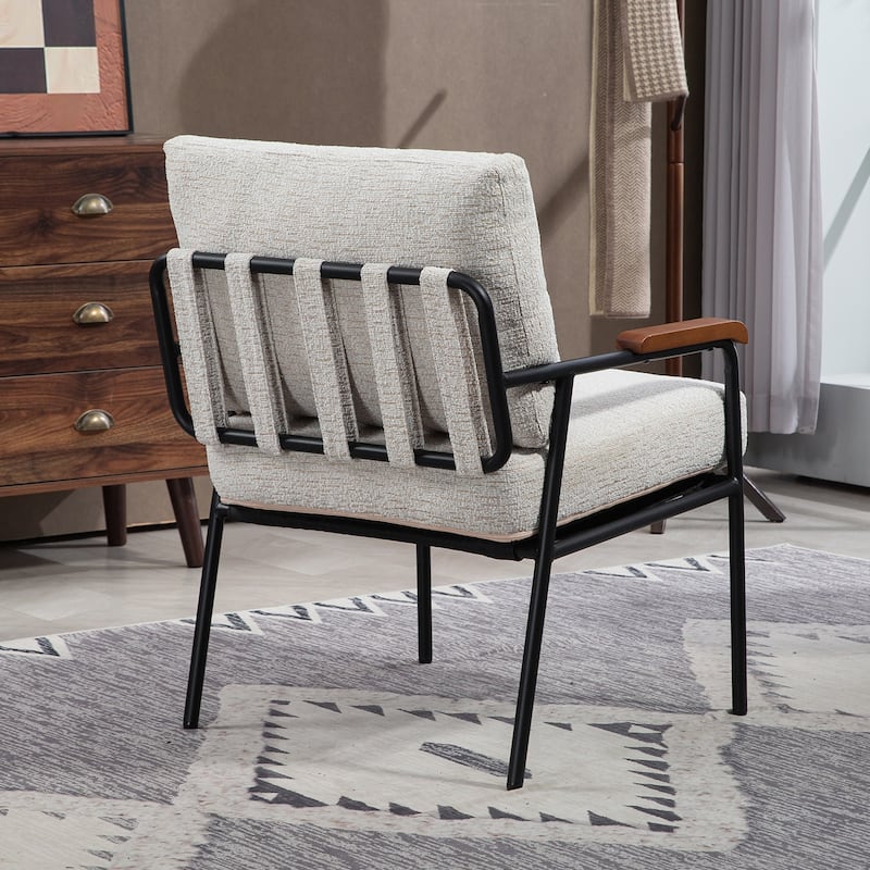 Small Upholstered Accent Chair, Ergonomic Living Room Chair, Lounge Reading Chair with Wooden Armrests & Backrest