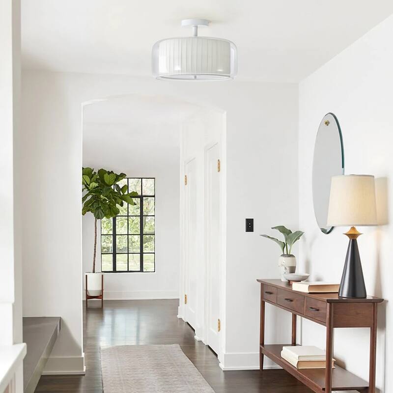 Modern 3-Light Semi Flush Mount Glass Ceiling Light with White Fabric Linen Drum Shade
