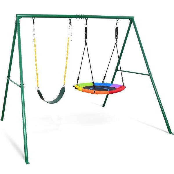 440lbs 2 Seat Swing Set for Backyard, 1 Saucer Swing Seat and 1 Belt