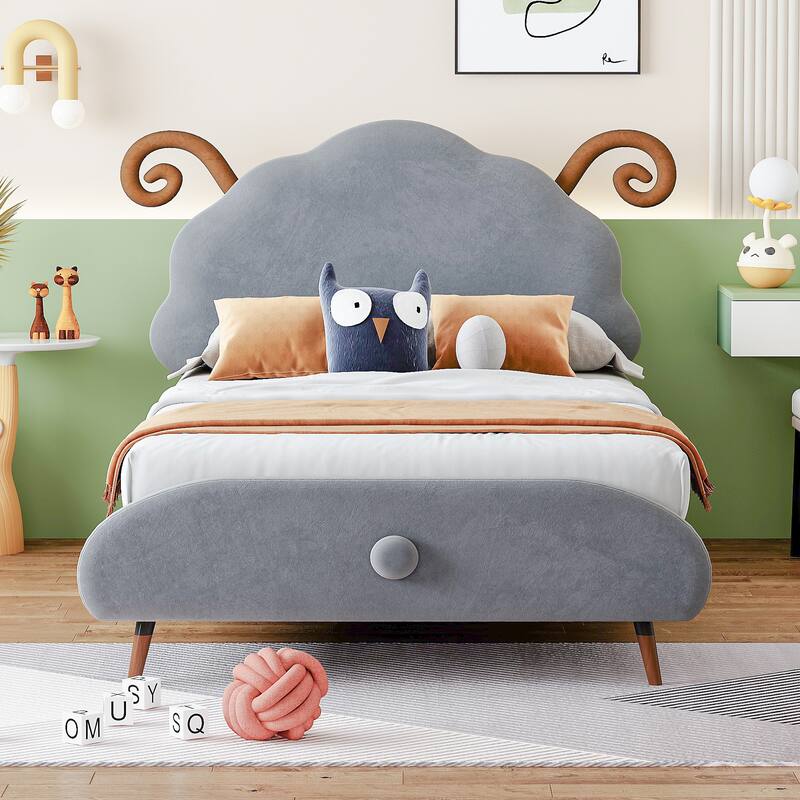 Platform Bed with Sheep-Shaped Headboard - Grey-80.5"L x 46"W x 44"H