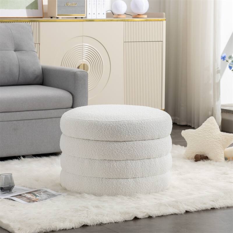 Fabric Storage Round Ottoman Footstool with Wooden Shelving