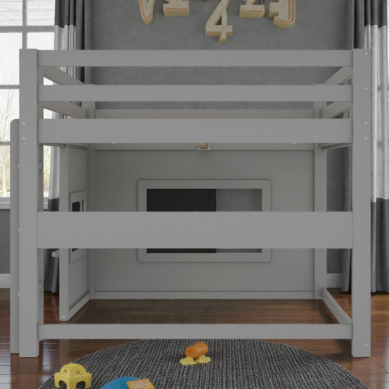 Twin/Full Loft Bed with Sliding Chalkboard, Built-in Bookshelf, Solid Wood Frame & Safety Guardrails, Kids Playhouse Bed