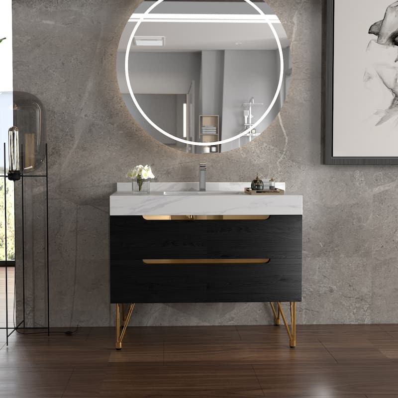 39-inch Marble Bathroom Vanity with 4 Drawers, Easy Assembly - Black - Wood Finish
