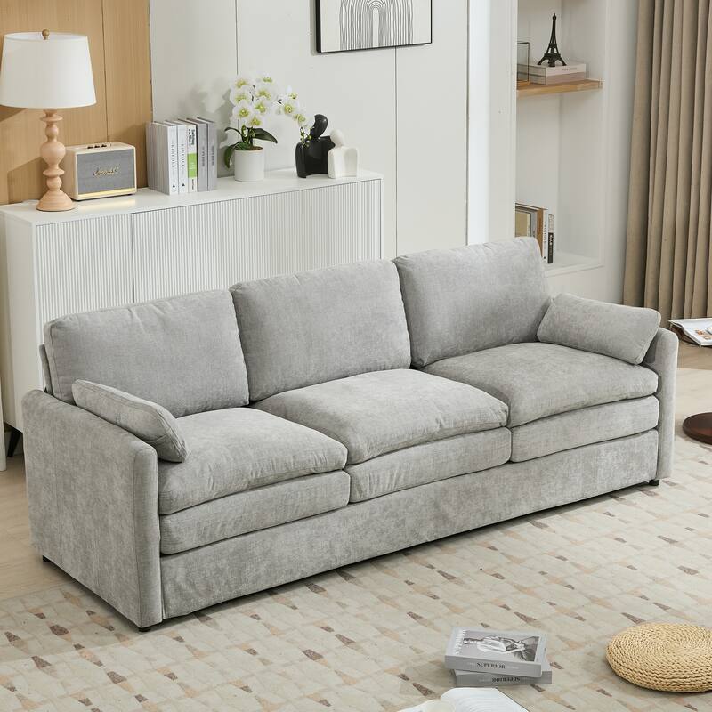 Modern Chenille Comfy Upholstered 3-Seat Sofa, Comfy Cloud 3-seater Sofa w2 Lumbar Pillow Plush Cushion Sofa Couch - Light Gray