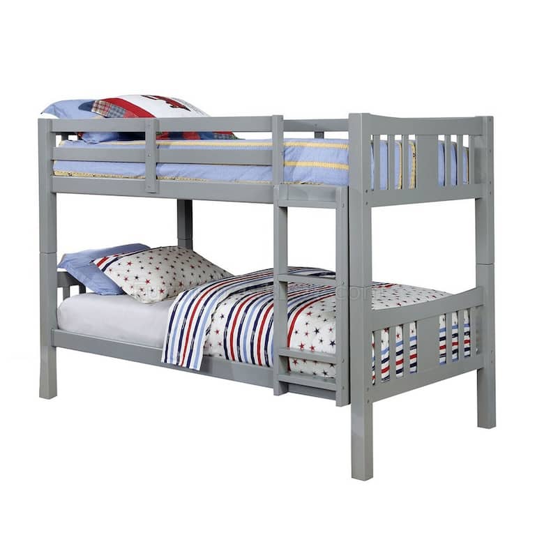 Slatted Twin Over Twin Bunk Bed with Attached Ladder, Gray, Space-Saving Solid Wood Design