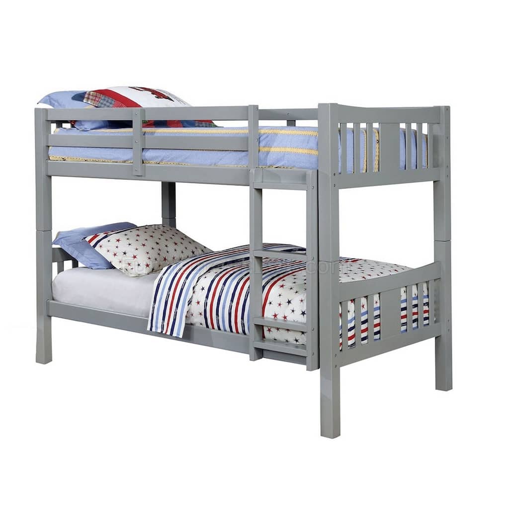 Slatted Twin Over Twin Bunk Bed with Attached Ladder, Gray, Space-Saving Solid Wood Design