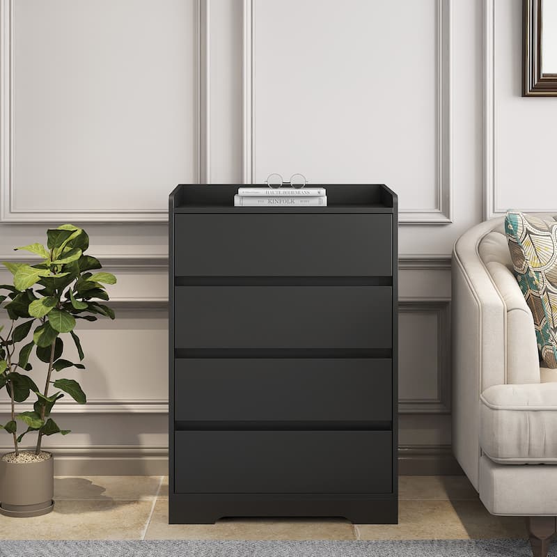 Modern 4-Drawer Dresser – Handle-Free Black Wooden Chest with Waterproof Finish & Sturdy Frame for Bedroom, Office, or Entryway‌