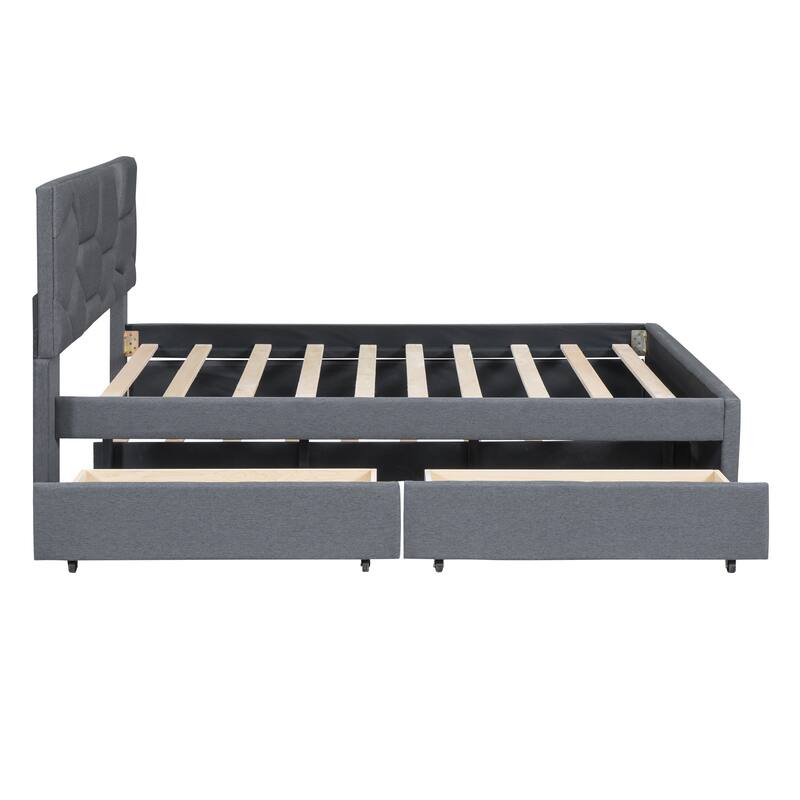 Full/Queen Size Upholstered Platform Bed with Stylish Brick Pattern Headboard, Trundle & 2 Drawers, Linen Fabric Comfort