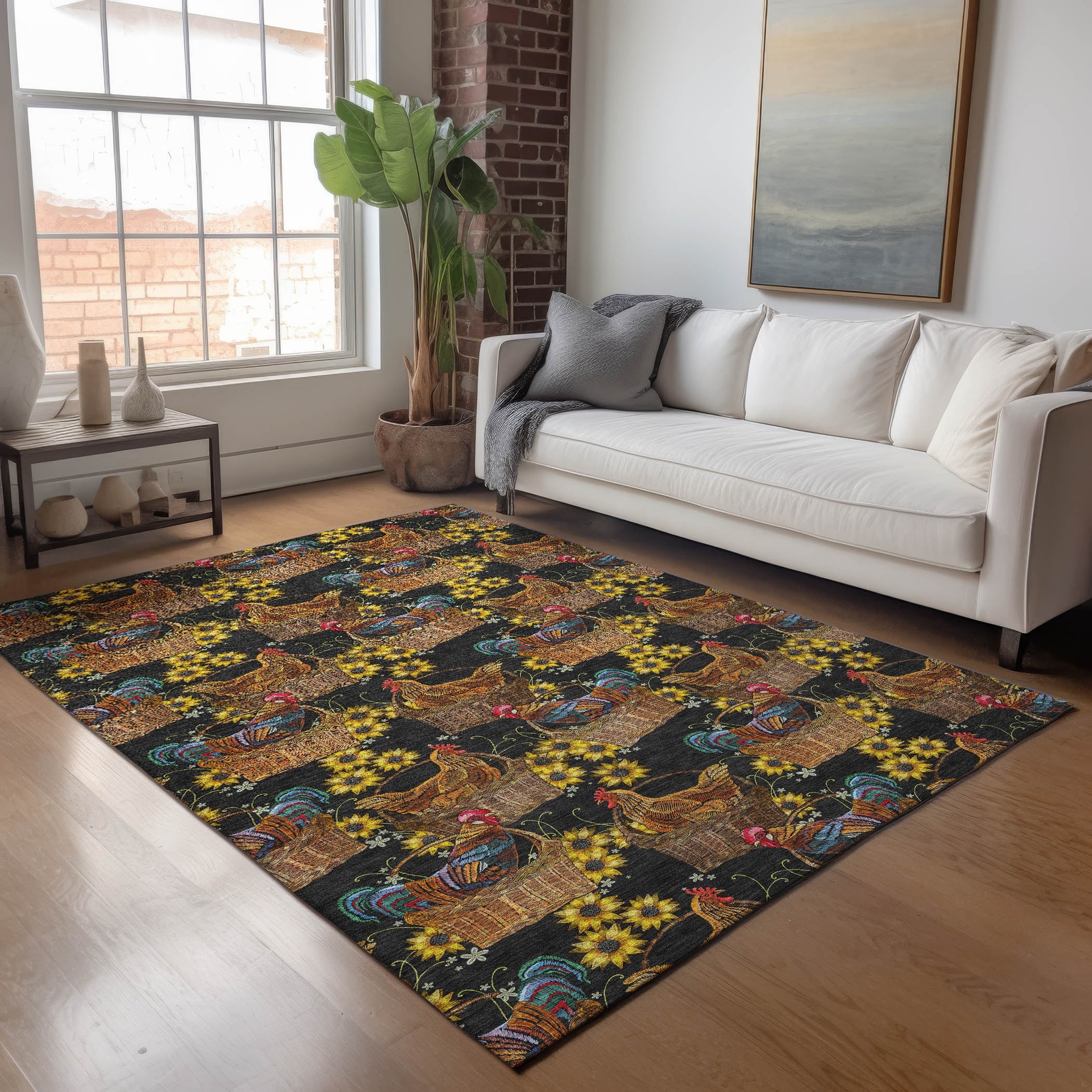 Premium Washable Super Soft Farmhouse Rooster Basket Mayfield Rug