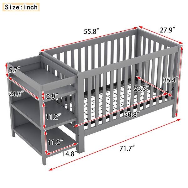 Gray Convertible Crib/Full Bed with Changing Table, Adjustable Height, Guardrails