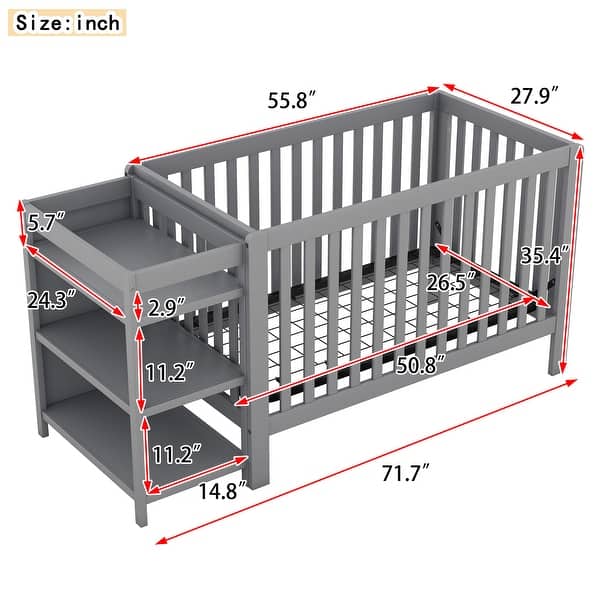 dimension image slide 5 of 6, New Style Convertible Crib / Full Size Platform Bed with Changing Table, Storage Bed with Shelves, Wooden Crib