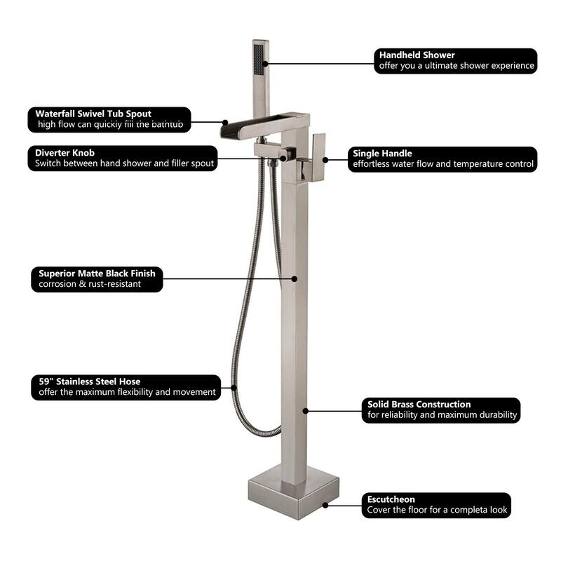 Vanityfair Floor Mount Freestanding Waterfall Bathtub Faucet Tub Filler with Hand Shower