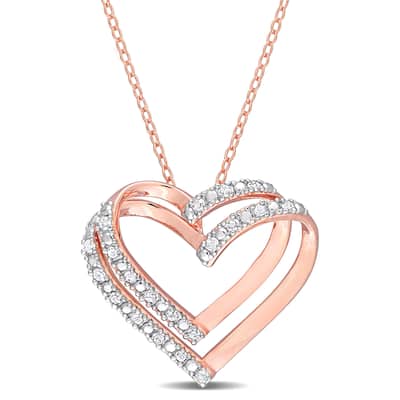 Miadora 1/5ct TDW Diamond Open Double Heart Necklace in Rose Plated Sterling Silver