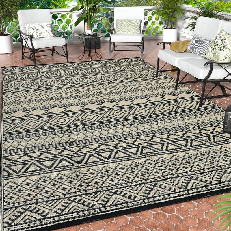 Outdoor Rug Waterproof Patio Rug Mat Geometric Rug Plastic Straw Outside Rug for RV Camping Picnic Reversible Rug