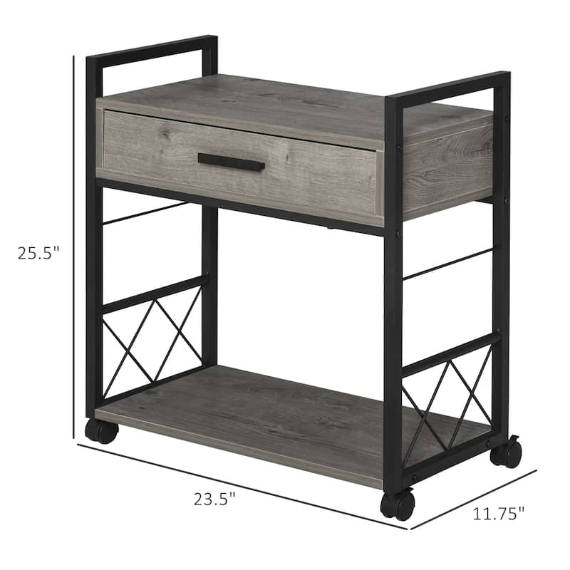 HOMCOM Industrial Style Side Table with 1 Drawer, Shelf, Wheels Wooden Bedside Table Night Stand, Home Furniture, Grey