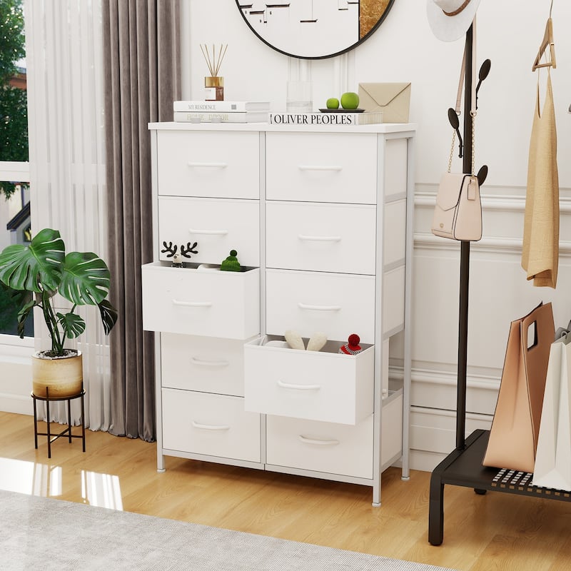 Dresser for Bedroom, 10 Storage Drawers, Anti-Tip Tall Fabric Closet Chests Organizer Tower Furniture Wooden Top Metal Frame - White