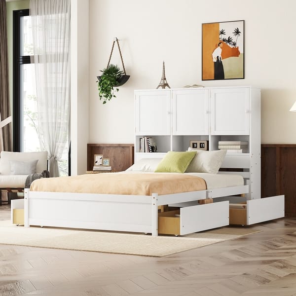 slide 2 of 24, Cottage Style Queen Size Platform Bed with 4 Drawers Under-Bed,Headboard with Multiple Storage Shelves White