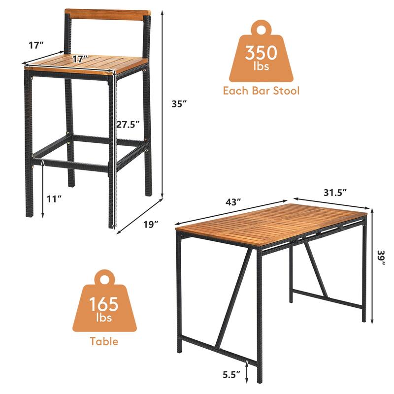 Costway 5PCS Patio Rattan Bar Table Stool Set Acacia Wood Top - See Details
