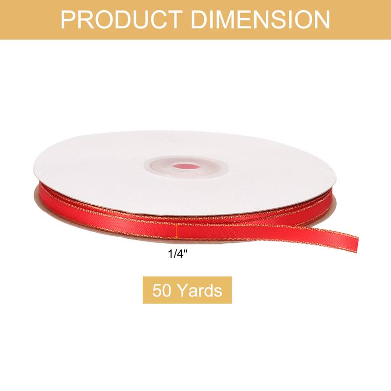 Satin Ribbon with Gold Edge, 1/4 Inch x 50 Yards Double Face Ribbon - Red